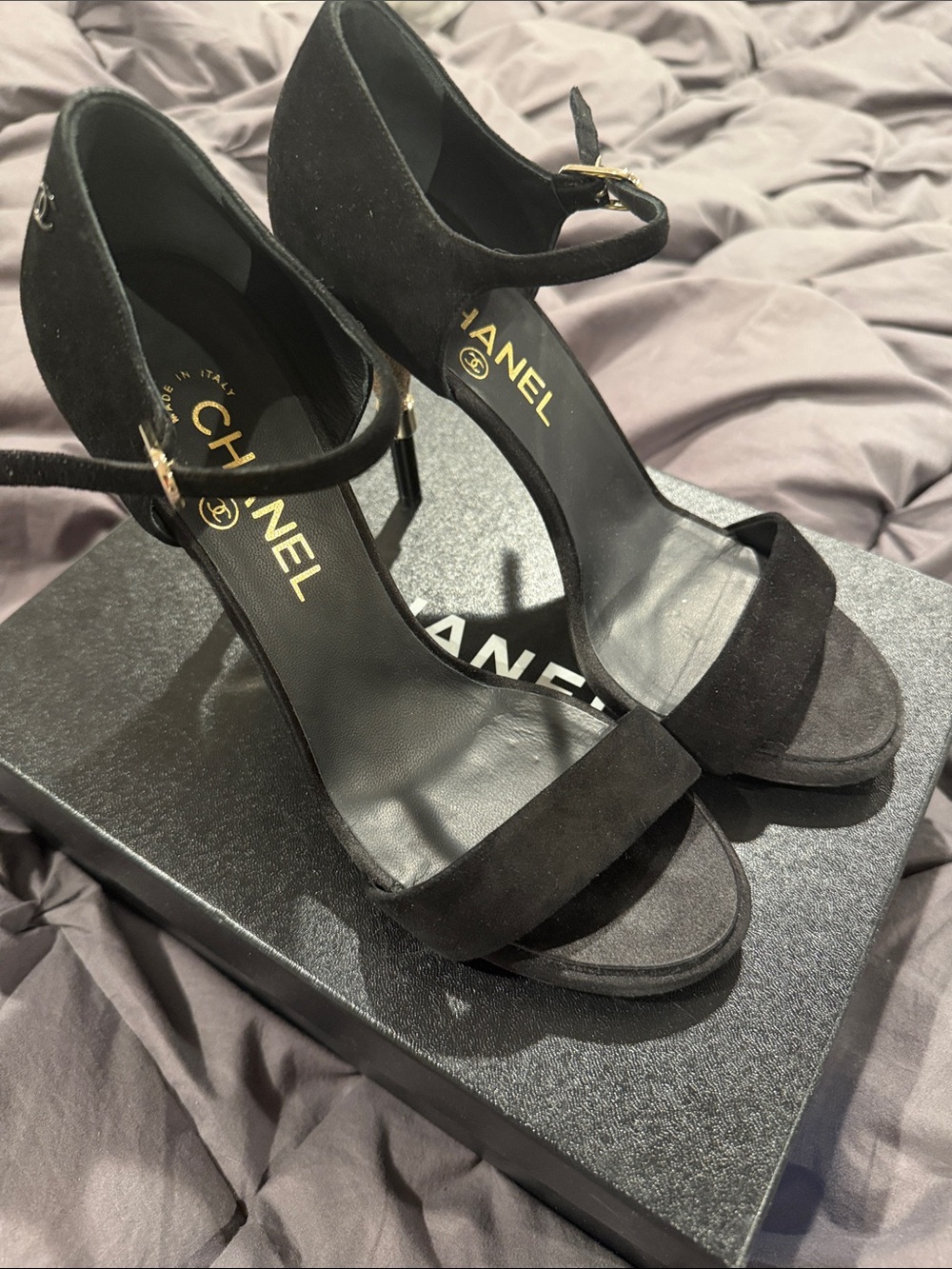 CHANEL Black Suede Ankle-Strap Stiletto Sandals